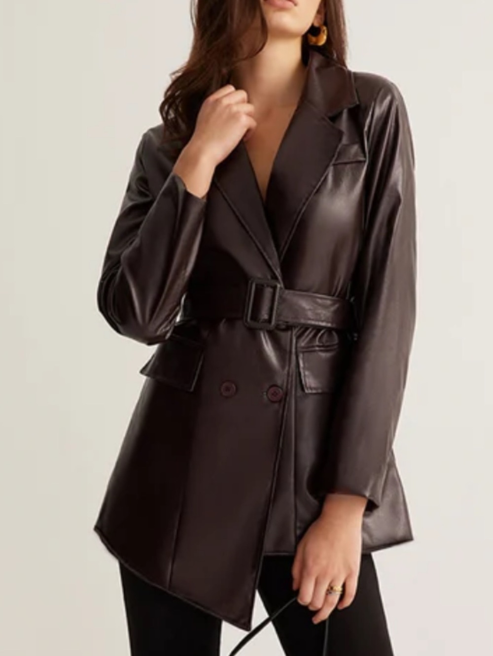 Commense Dark Brown Double-Breasted Faux Leather Blazer XL